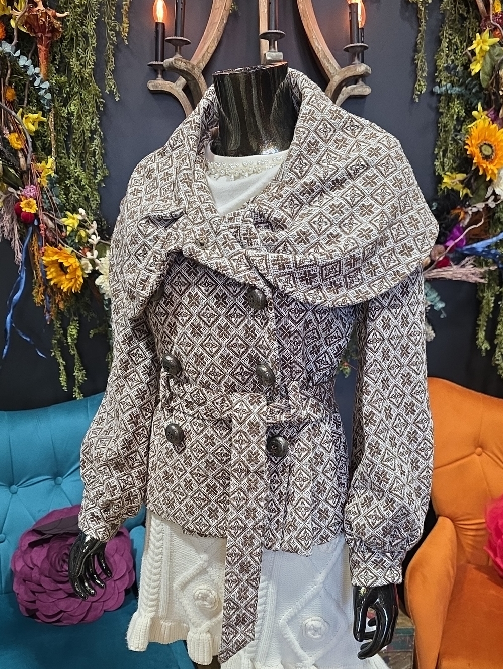 LP & P New York Geometric Embroidered Double-Breasted Jacket w/ Cape Collar